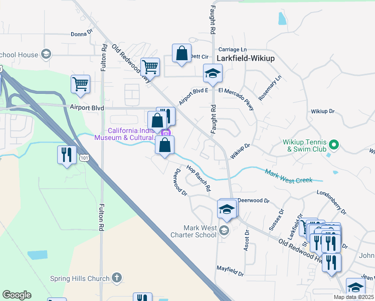 map of restaurants, bars, coffee shops, grocery stores, and more near 140 Creek Way in Santa Rosa