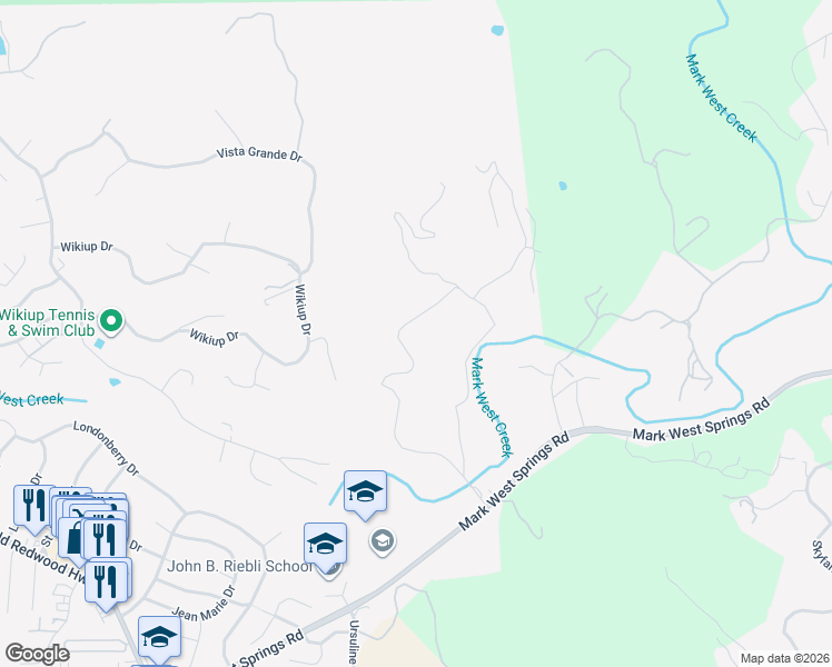 map of restaurants, bars, coffee shops, grocery stores, and more near 5325 Wikiup Bridge Way in Santa Rosa