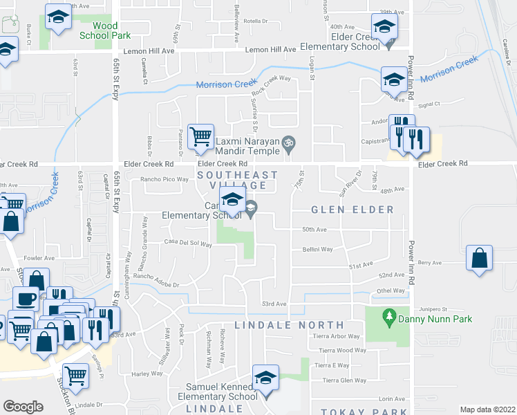 map of restaurants, bars, coffee shops, grocery stores, and more near 6600 Cougar Drive in Sacramento