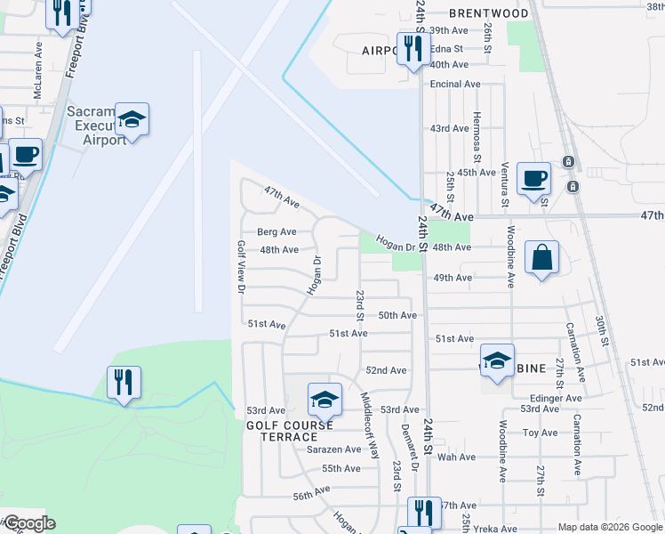 map of restaurants, bars, coffee shops, grocery stores, and more near 6551 Hogan Drive in Sacramento