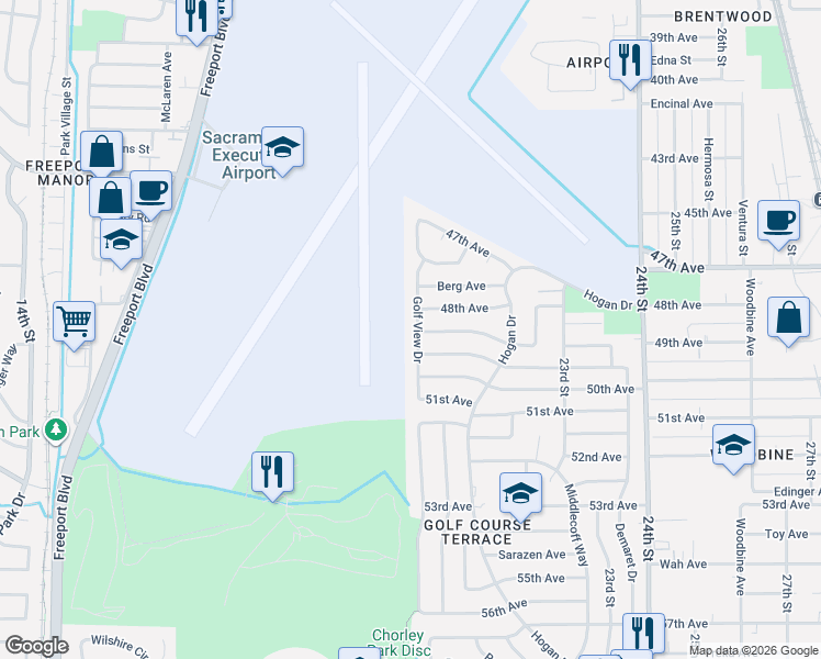 map of restaurants, bars, coffee shops, grocery stores, and more near 6552 Golf View Drive in Sacramento
