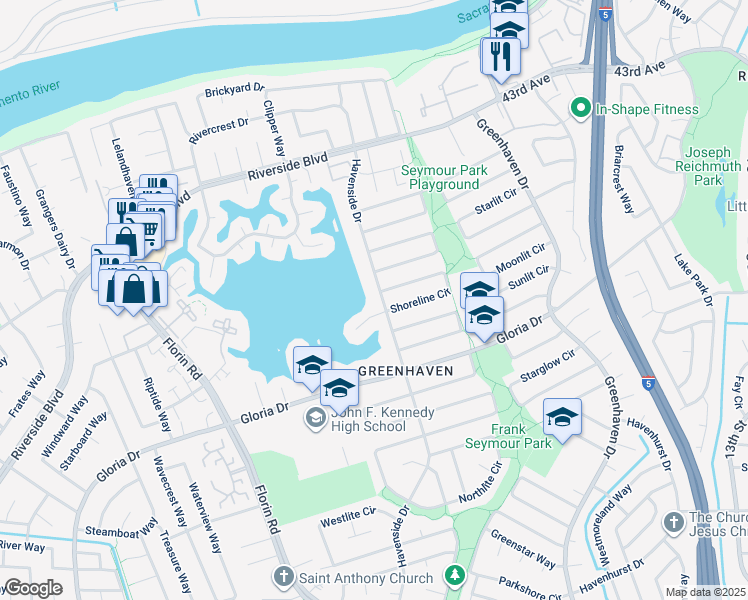 map of restaurants, bars, coffee shops, grocery stores, and more near 1 Sail Court in Sacramento