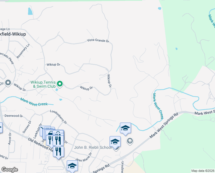 map of restaurants, bars, coffee shops, grocery stores, and more near 987 Wikiup Drive in Santa Rosa