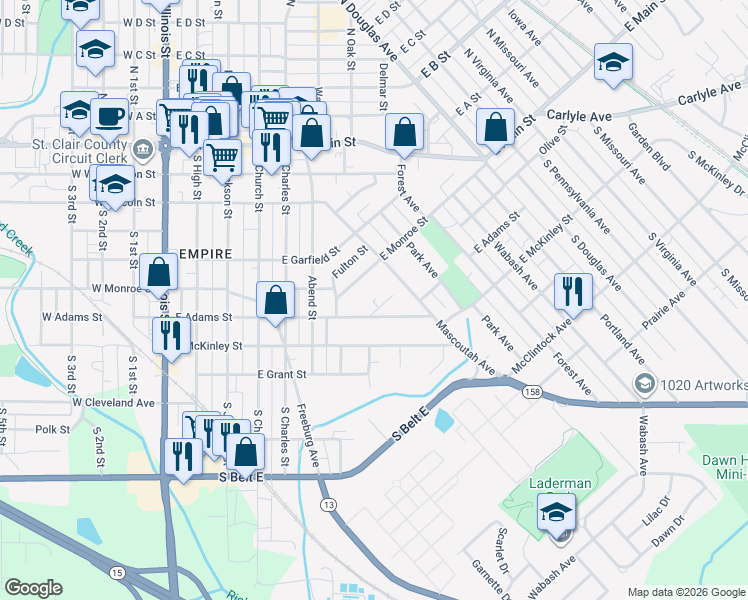 map of restaurants, bars, coffee shops, grocery stores, and more near 621 East Adams Street in Belleville