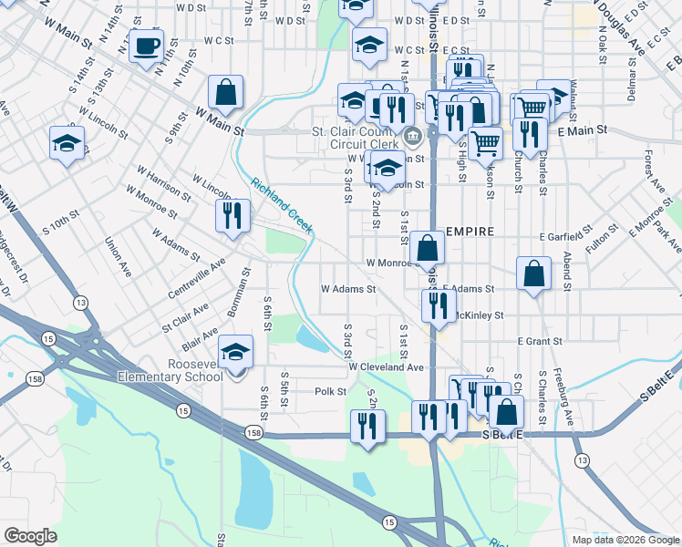map of restaurants, bars, coffee shops, grocery stores, and more near 215 West Adams Street in Belleville