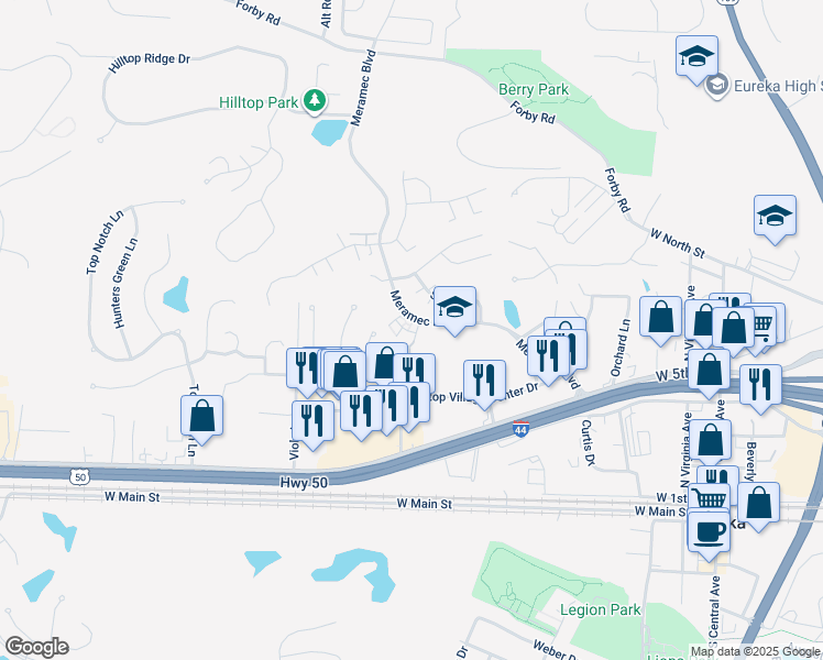 map of restaurants, bars, coffee shops, grocery stores, and more near 159 Colts Foot Court in Eureka