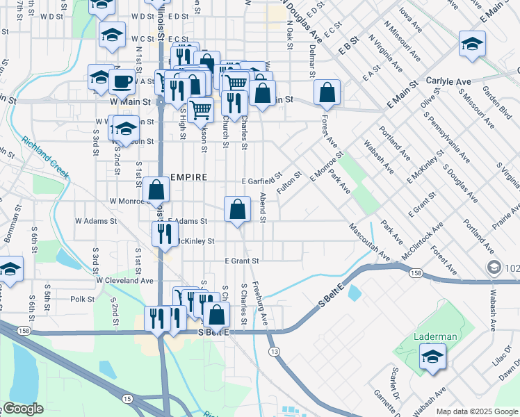 map of restaurants, bars, coffee shops, grocery stores, and more near 511 Abend Street in Belleville