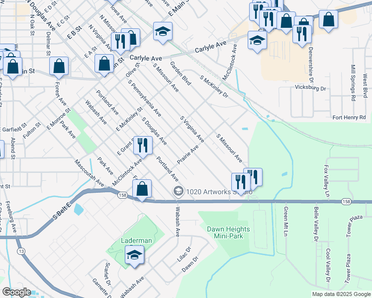 map of restaurants, bars, coffee shops, grocery stores, and more near 601 South Pennsylvania Avenue in Belleville