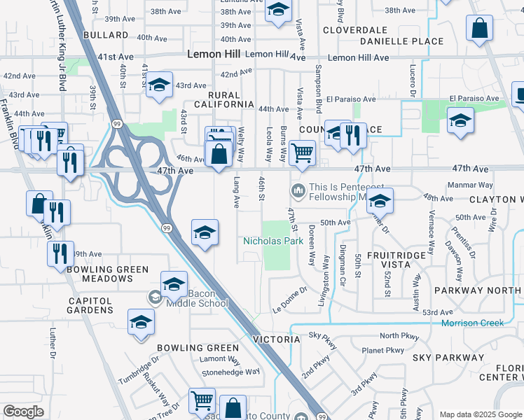 map of restaurants, bars, coffee shops, grocery stores, and more near 46th Street in Sacramento