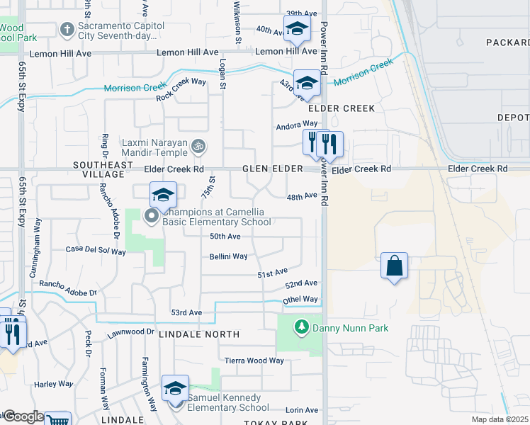 map of restaurants, bars, coffee shops, grocery stores, and more near 7704 Vallecitos Way in Sacramento