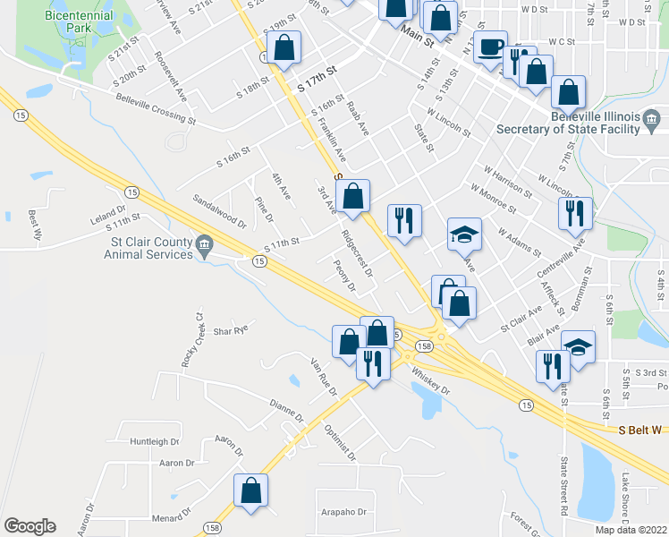 map of restaurants, bars, coffee shops, grocery stores, and more near 921 Peony Drive in Belleville