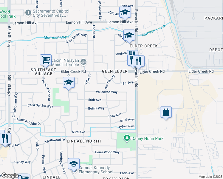 map of restaurants, bars, coffee shops, grocery stores, and more near 7704 Vallecitos Way in Sacramento