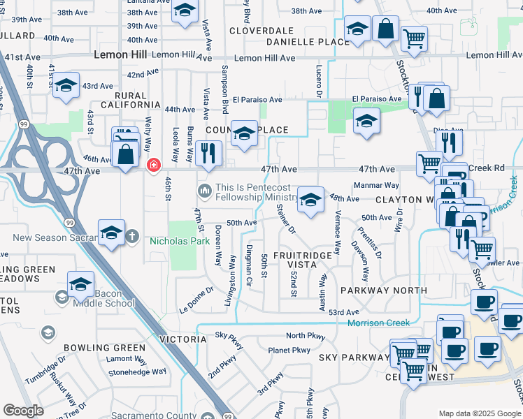 map of restaurants, bars, coffee shops, grocery stores, and more near 5040 50th Avenue in Sacramento