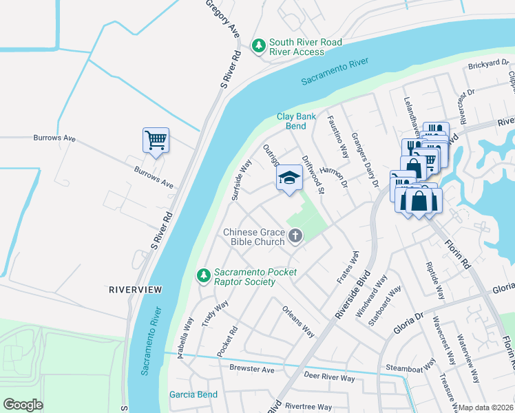 map of restaurants, bars, coffee shops, grocery stores, and more near 6532 Surfside Way in Sacramento