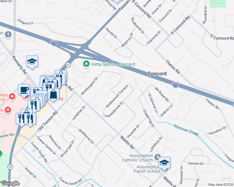 map of restaurants, bars, coffee shops, grocery stores, and more near 4596 Bridlewood Terrace in St. Louis