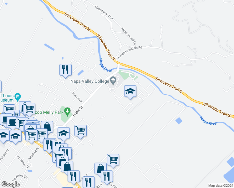 map of restaurants, bars, coffee shops, grocery stores, and more near 990 College Avenue in St. Helena