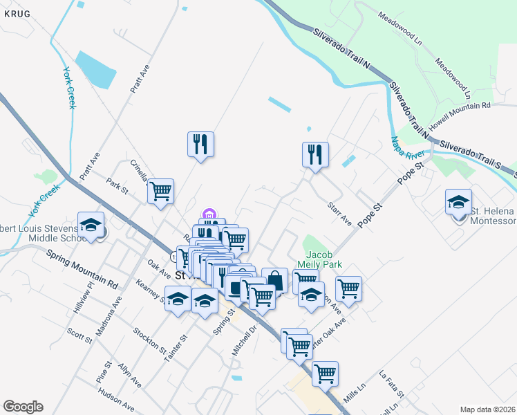 map of restaurants, bars, coffee shops, grocery stores, and more near 1365 Grove Court in Saint Helena