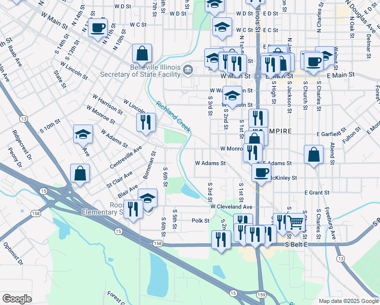 map of restaurants, bars, coffee shops, grocery stores, and more near 315 West Adams Street in Belleville