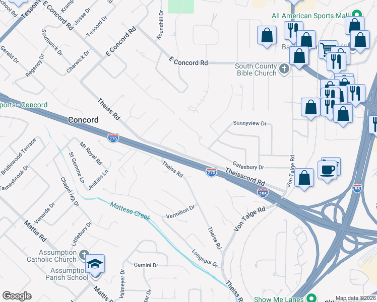 map of restaurants, bars, coffee shops, grocery stores, and more near 4801 Little Branch Place in St. Louis