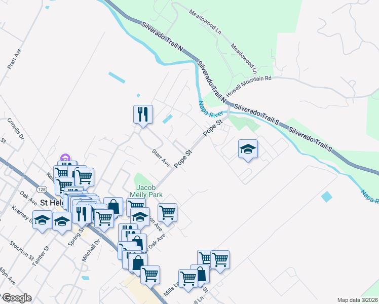 map of restaurants, bars, coffee shops, grocery stores, and more near Pope St & Peppertree Cir in Saint Helena