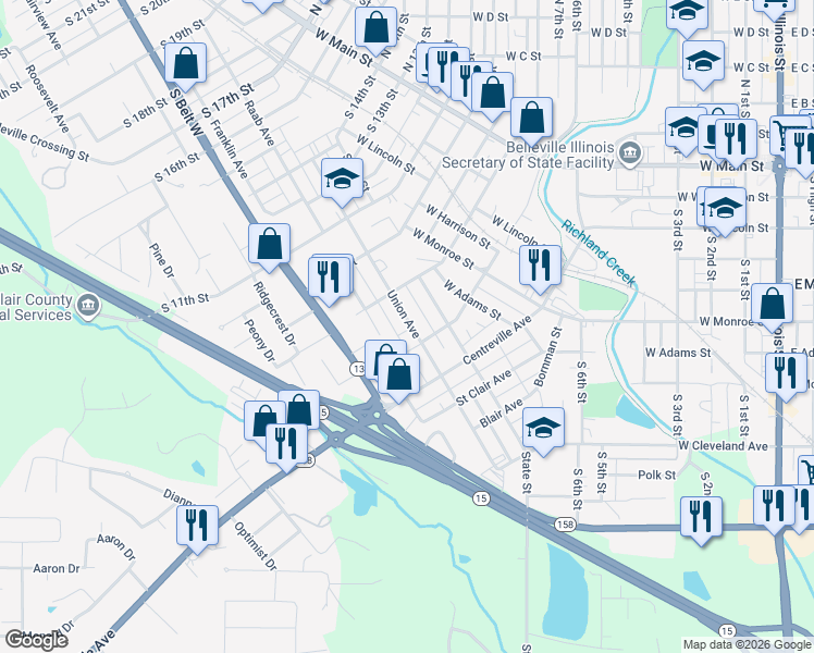 map of restaurants, bars, coffee shops, grocery stores, and more near 1120 Union Avenue in Belleville
