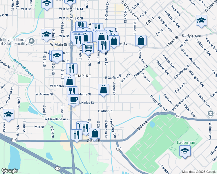 map of restaurants, bars, coffee shops, grocery stores, and more near 518 South Charles Street in Belleville