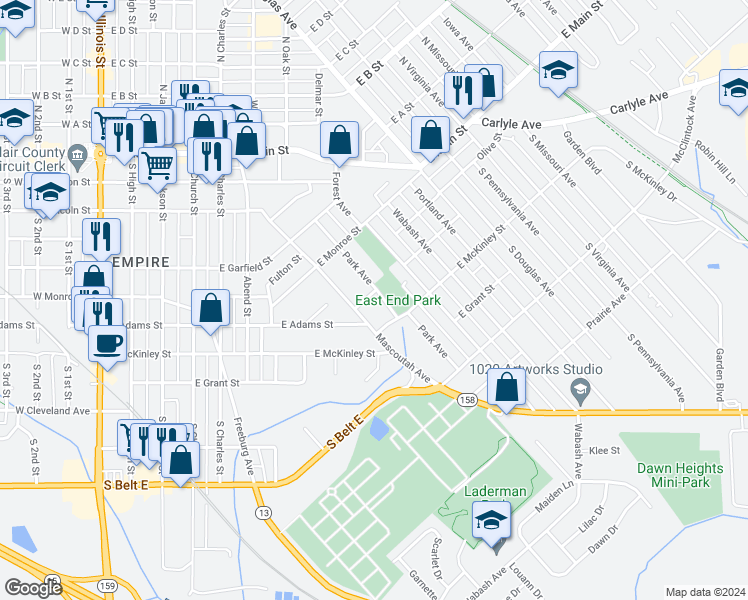 map of restaurants, bars, coffee shops, grocery stores, and more near 563 Mascoutah Avenue in Belleville