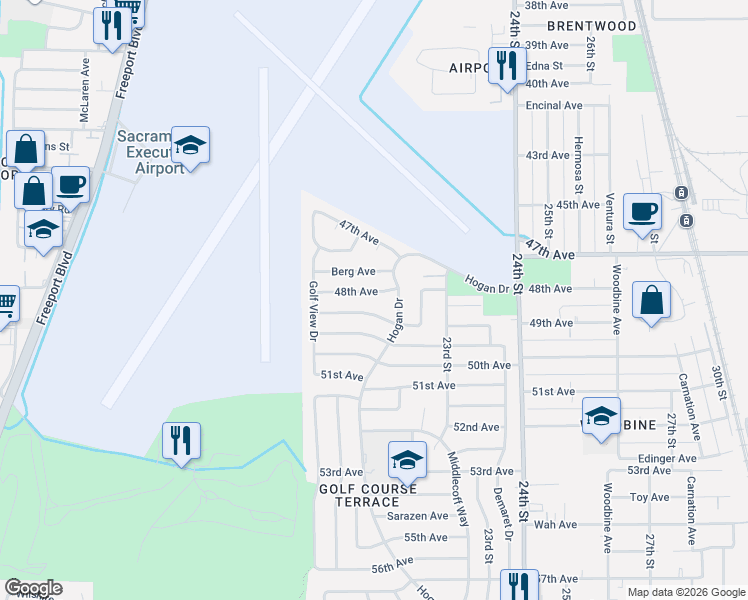 map of restaurants, bars, coffee shops, grocery stores, and more near 2120 Berg Avenue in Sacramento