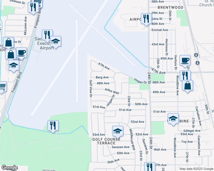 map of restaurants, bars, coffee shops, grocery stores, and more near 2120 Berg Avenue in Sacramento