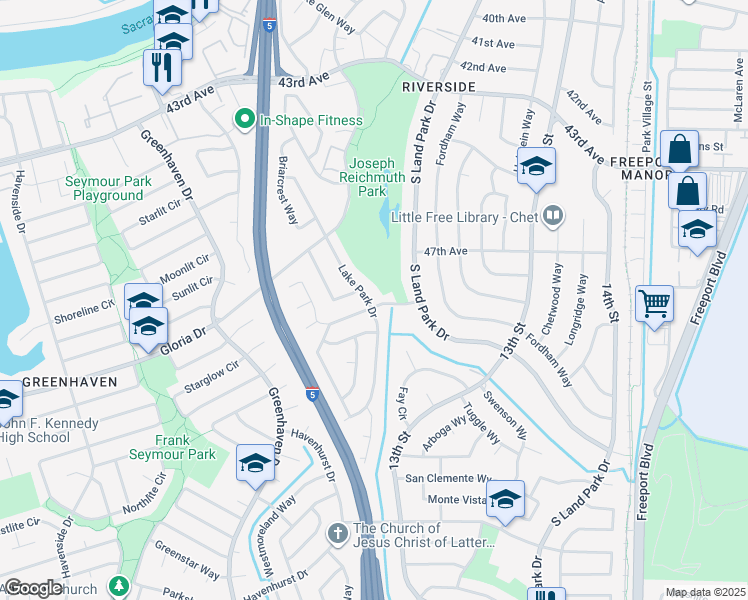 map of restaurants, bars, coffee shops, grocery stores, and more near 6451 Lake Park Drive in Sacramento