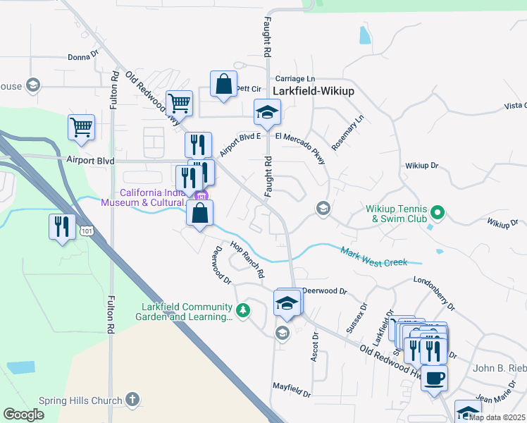 map of restaurants, bars, coffee shops, grocery stores, and more near 5231 Faught Road in Larkfield-Wikiup