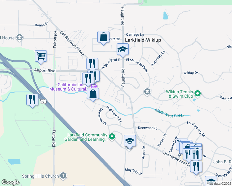 map of restaurants, bars, coffee shops, grocery stores, and more near 5209 Old Redwood Highway in Santa Rosa