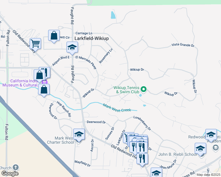 map of restaurants, bars, coffee shops, grocery stores, and more near 425 Pheasant Lane in Santa Rosa