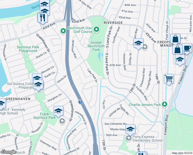 map of restaurants, bars, coffee shops, grocery stores, and more near 6451 Lake Park Drive in Sacramento