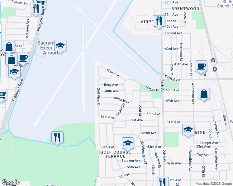map of restaurants, bars, coffee shops, grocery stores, and more near 2120 Berg Avenue in Sacramento