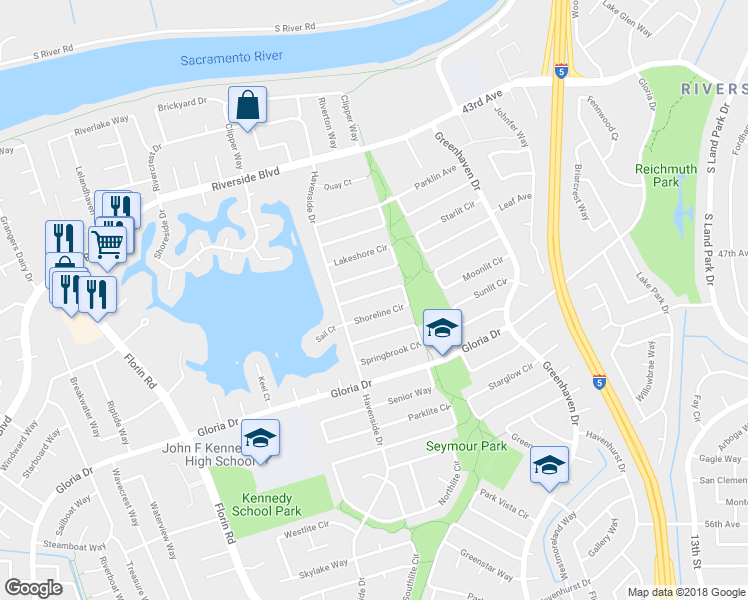map of restaurants, bars, coffee shops, grocery stores, and more near 24 Shoreline Circle in Sacramento