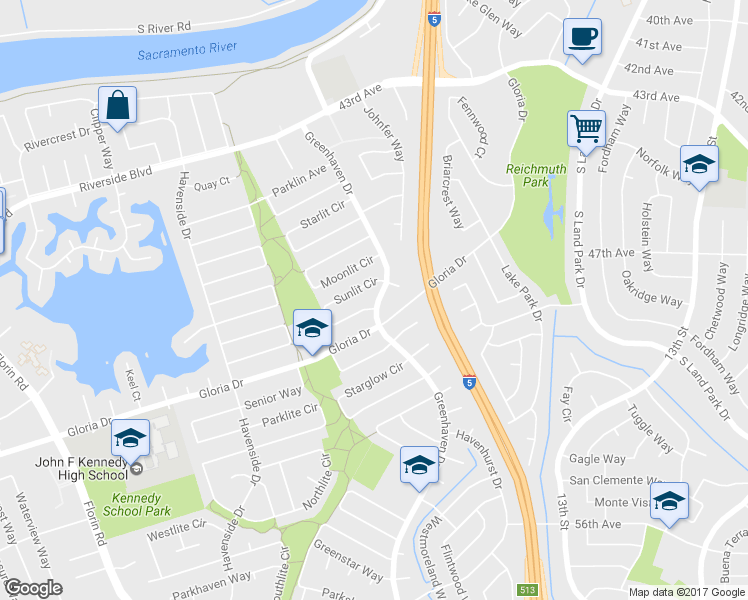 map of restaurants, bars, coffee shops, grocery stores, and more near 6510 Greenhaven Drive in Sacramento