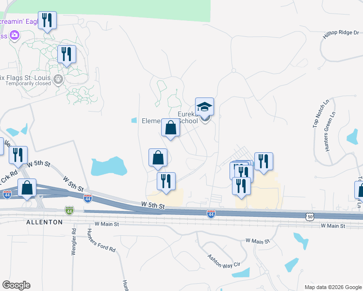 map of restaurants, bars, coffee shops, grocery stores, and more near 5362 Lakepath Way in Eureka