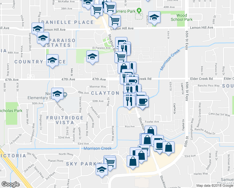 map of restaurants, bars, coffee shops, grocery stores, and more near 6401 Dallas Way in Sacramento