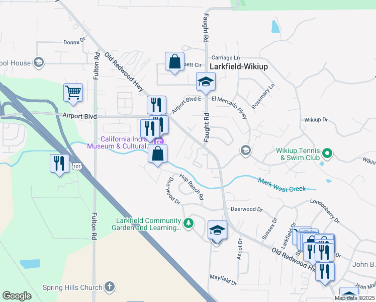 map of restaurants, bars, coffee shops, grocery stores, and more near 5217 Old Redwood Highway in Larkfield-Wikiup