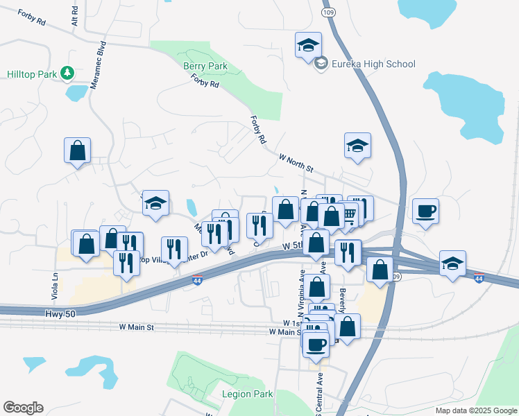 map of restaurants, bars, coffee shops, grocery stores, and more near 601 Orchard Lane in Eureka