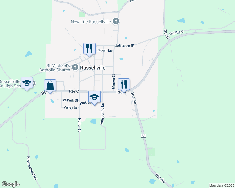 map of restaurants, bars, coffee shops, grocery stores, and more near in Russellville
