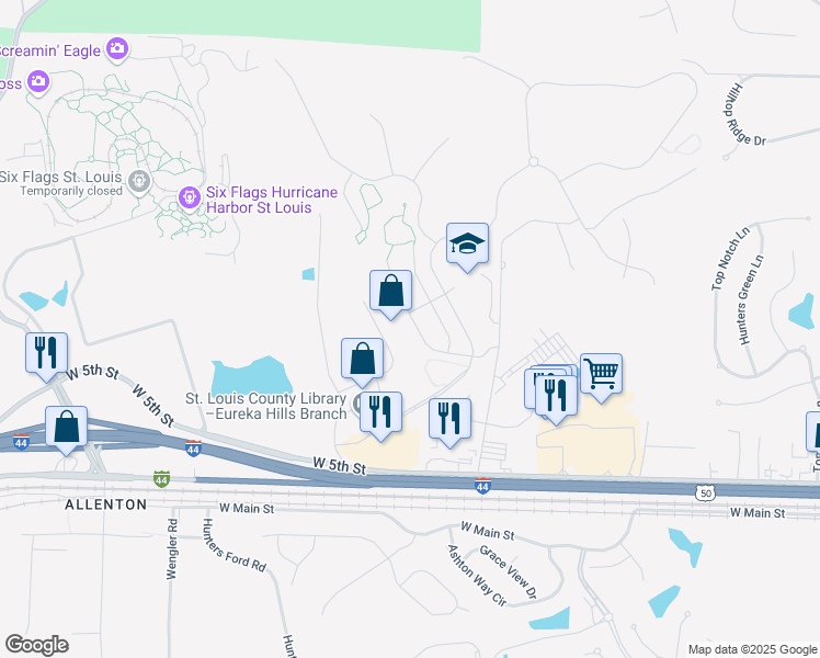 map of restaurants, bars, coffee shops, grocery stores, and more near 5341 Lakepath Way in Eureka