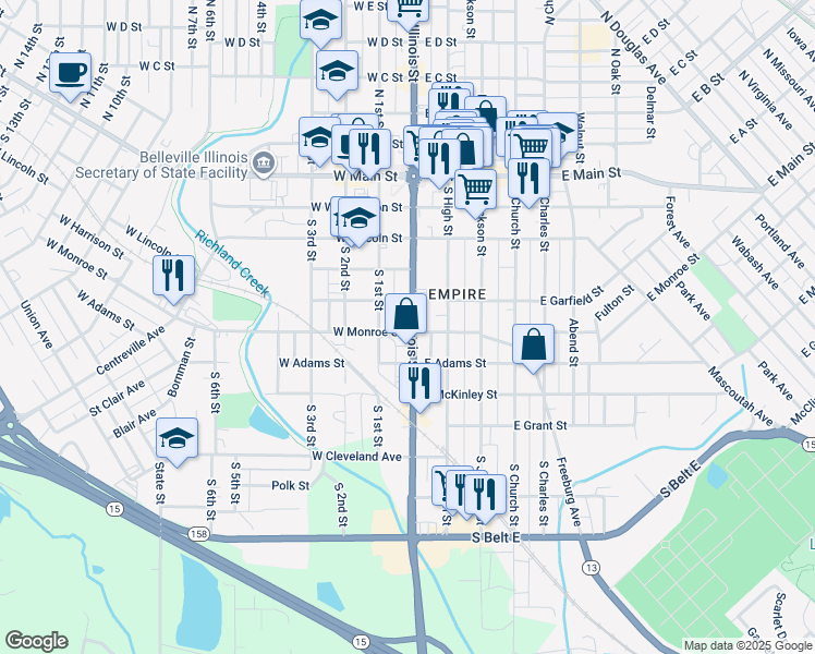 map of restaurants, bars, coffee shops, grocery stores, and more near 18 West Garfield Street in Belleville