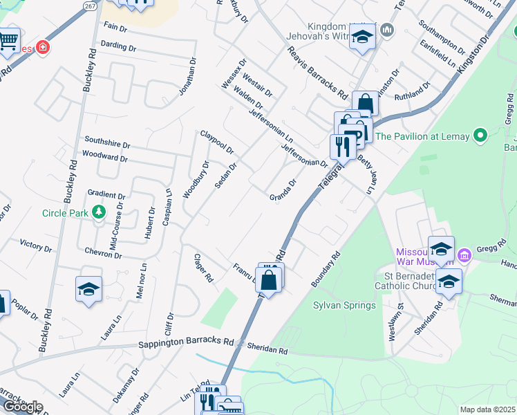map of restaurants, bars, coffee shops, grocery stores, and more near 2770 Clager Drive in St. Louis