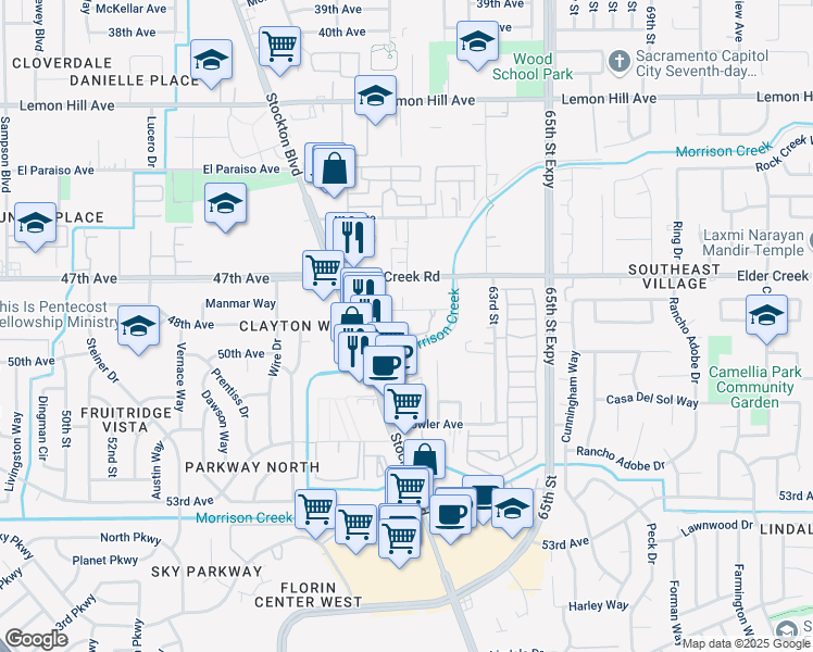 map of restaurants, bars, coffee shops, grocery stores, and more near 6125 48th Avenue in Sacramento