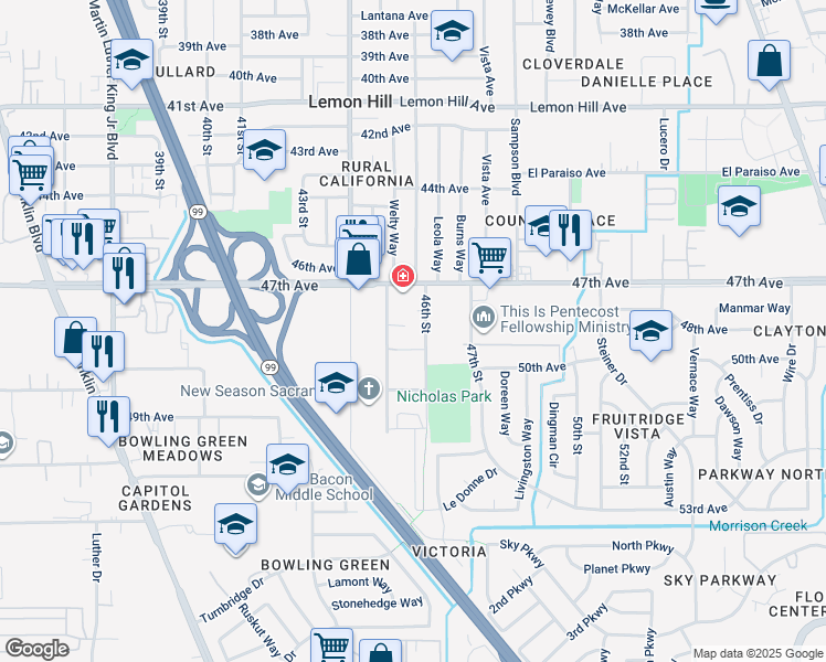 map of restaurants, bars, coffee shops, grocery stores, and more near 6433 Lang Avenue in Sacramento