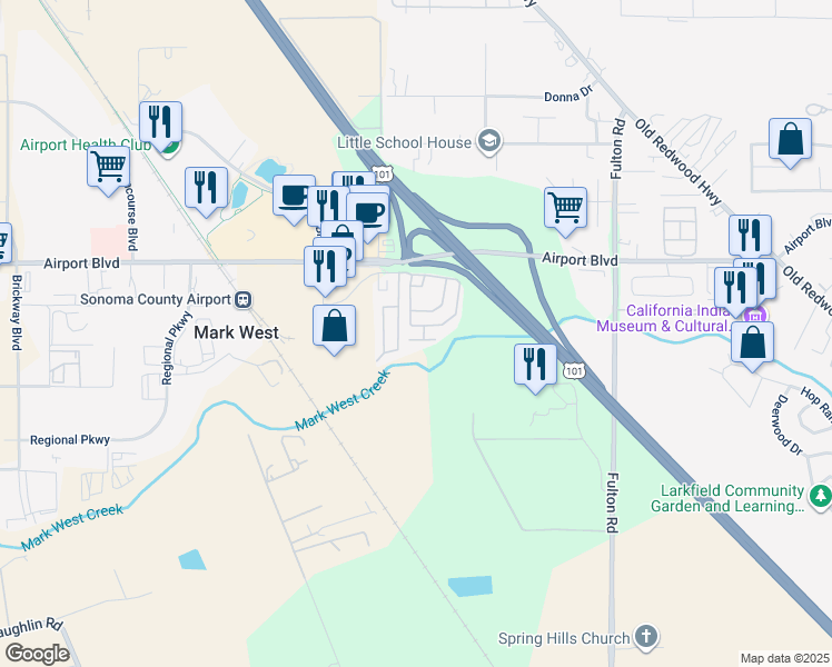 map of restaurants, bars, coffee shops, grocery stores, and more near 5193 Whispering Creek Drive in Santa Rosa