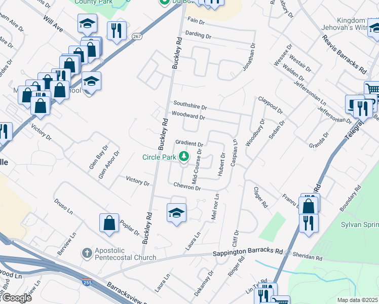map of restaurants, bars, coffee shops, grocery stores, and more near 2910 Sunrise Drive in St. Louis