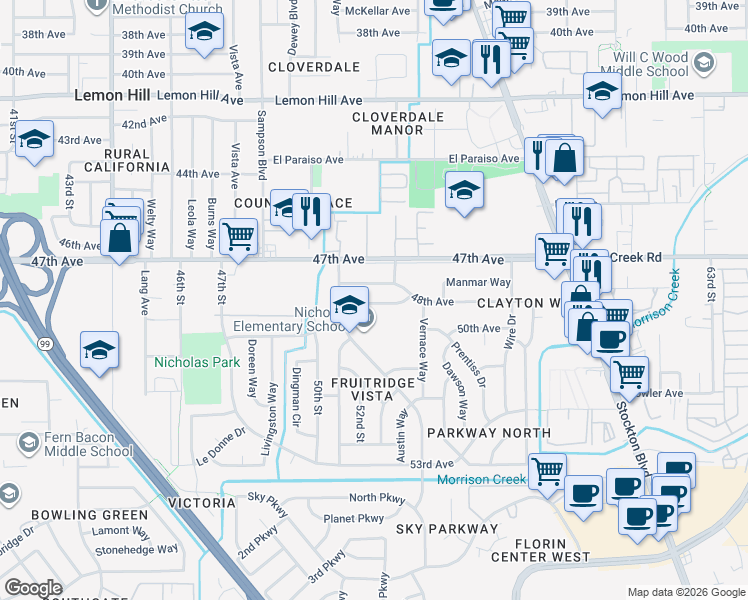 map of restaurants, bars, coffee shops, grocery stores, and more near 5124 48th Avenue in Sacramento